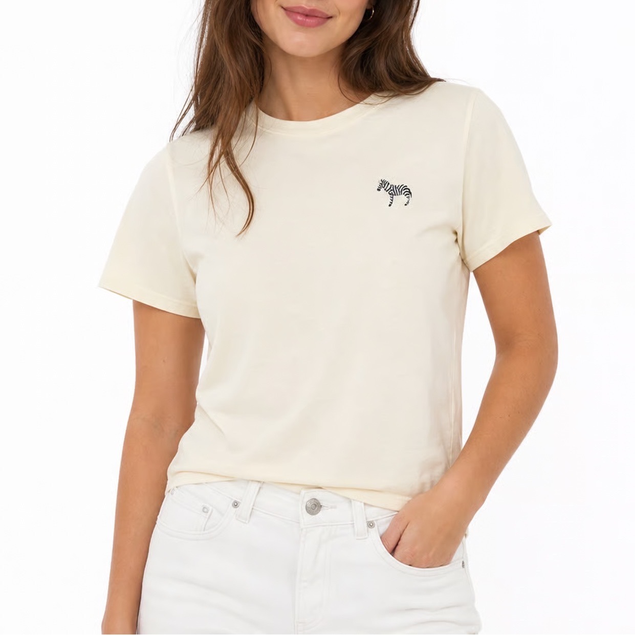 Topshop Cream Embroidered Zebra Cotton T-Shirt Tall Size 4 Us